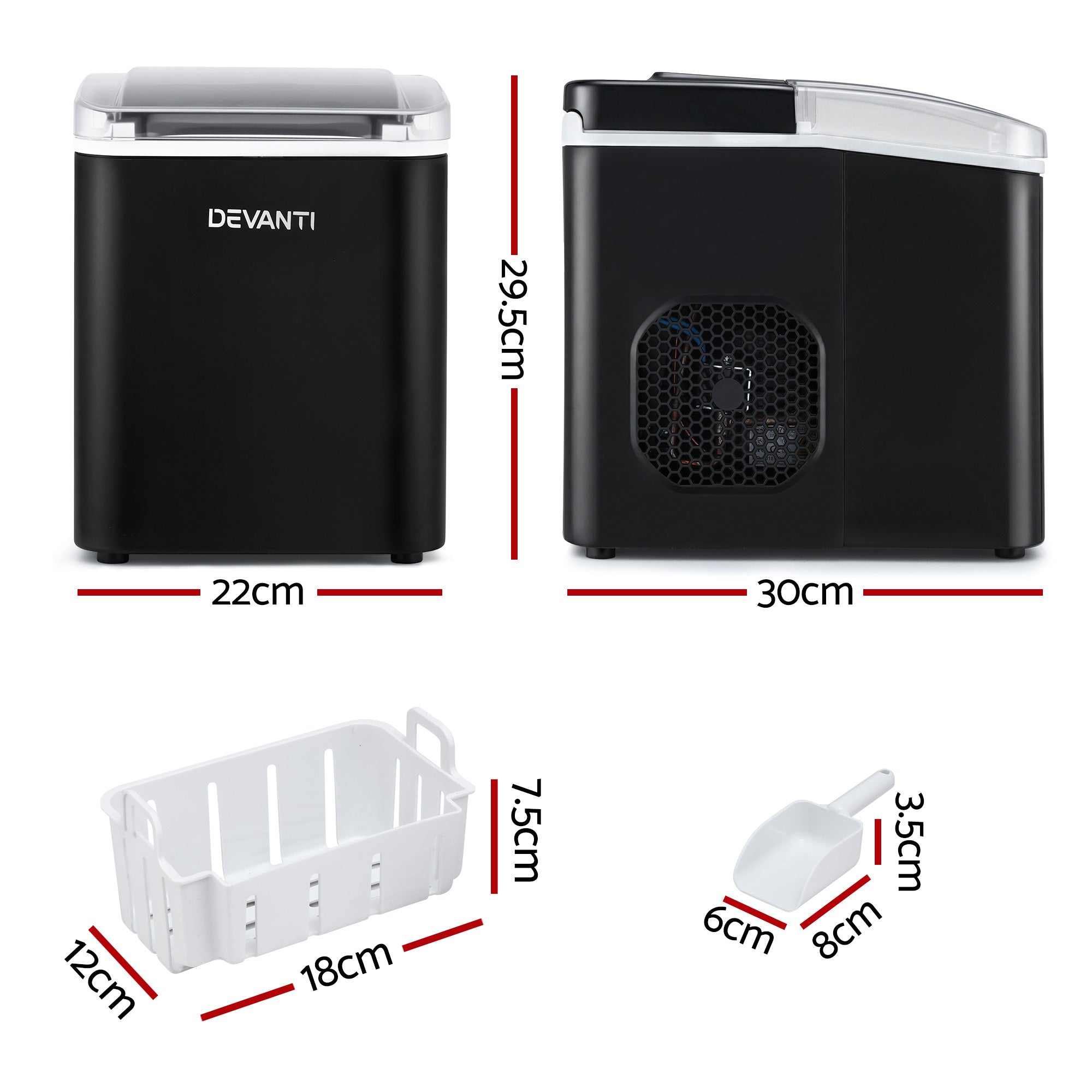 Devanti Ice Maker Machine Portable 12kg Countertop w/Self Cleaning 1.2L Black