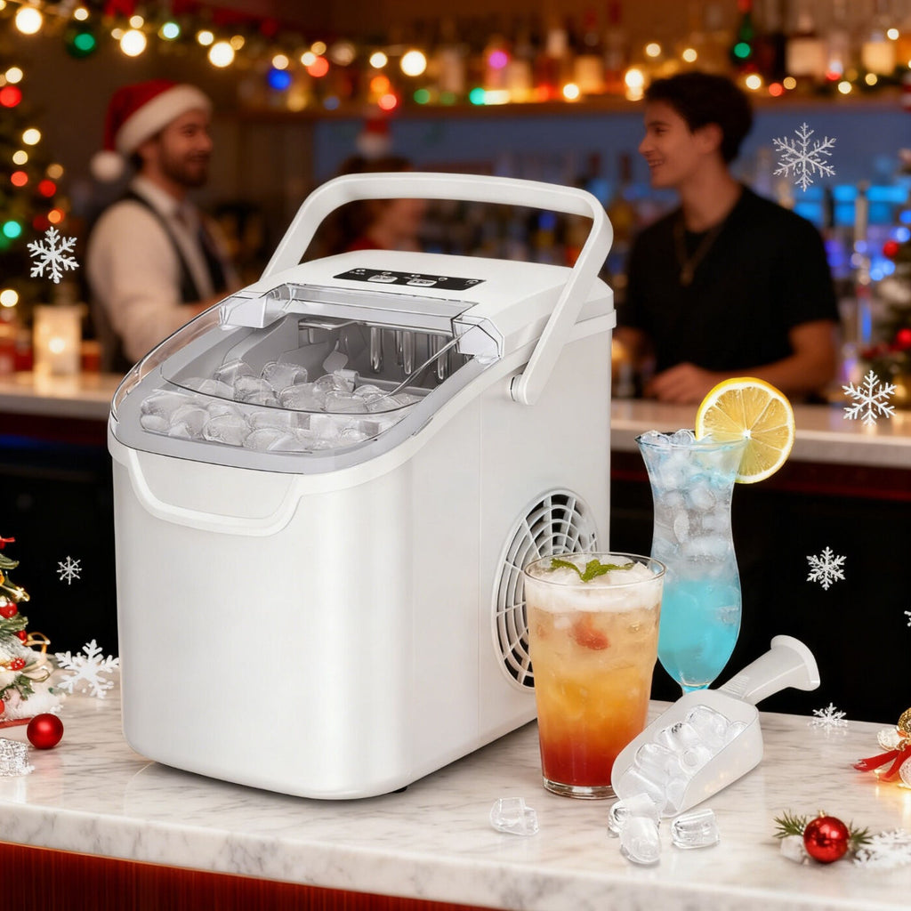 WHITE Desktop Ice Maker, Produces Ice in 6 Minutes with a Capacity of 26 Pounds, Energy-Saving 30% and Operating Noise Below 40 Decibels, Portable Ice Maker with Built-in Ice Basket, Suitable for Home and Camping.