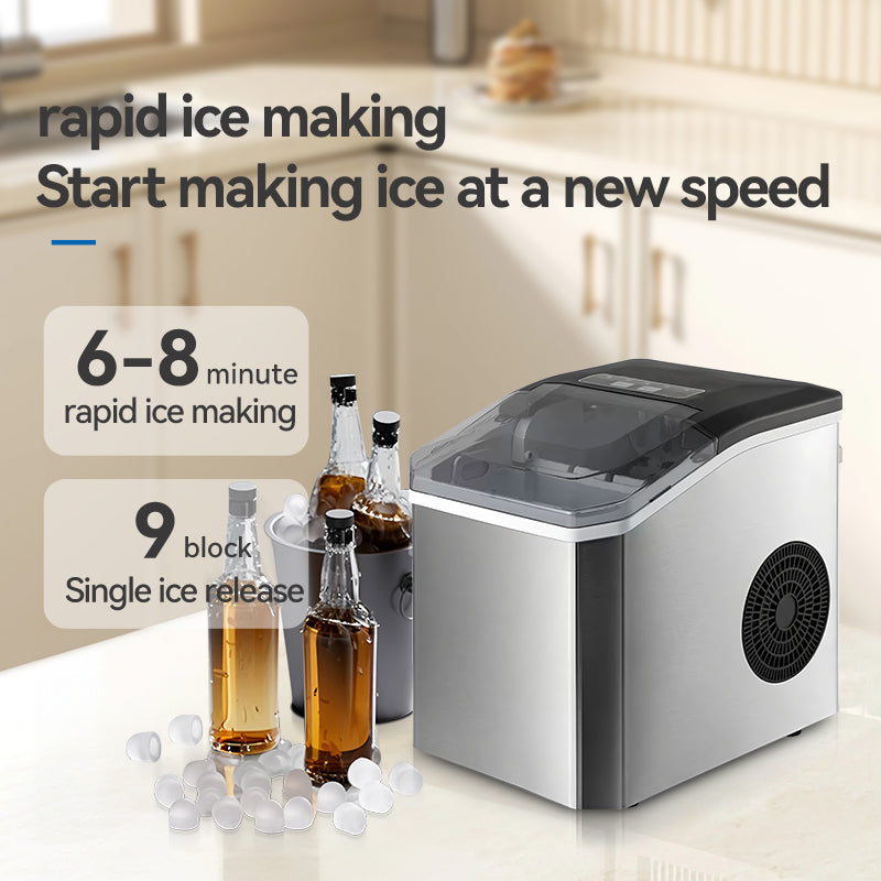 Ice Maker Countertop, Portable Ice Machine with Carry Handle, 26.5lbs Per Day, 9 Cubes in 6 Mins, Auto-Cleaning, with Basket and Scoop, for Home, Kitchen, Camping, RV